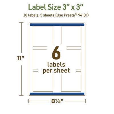 Avery Dissolvable Square Multipurpose Labels, 3" x 3", Off-white, 30/Pack (94101)