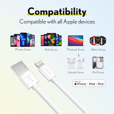 Overtime Apple MFi Certified Lighting USB 4 ft. Cable for iPhone/iPad/iPod Touch, White, 3/Pack (CE14541A)