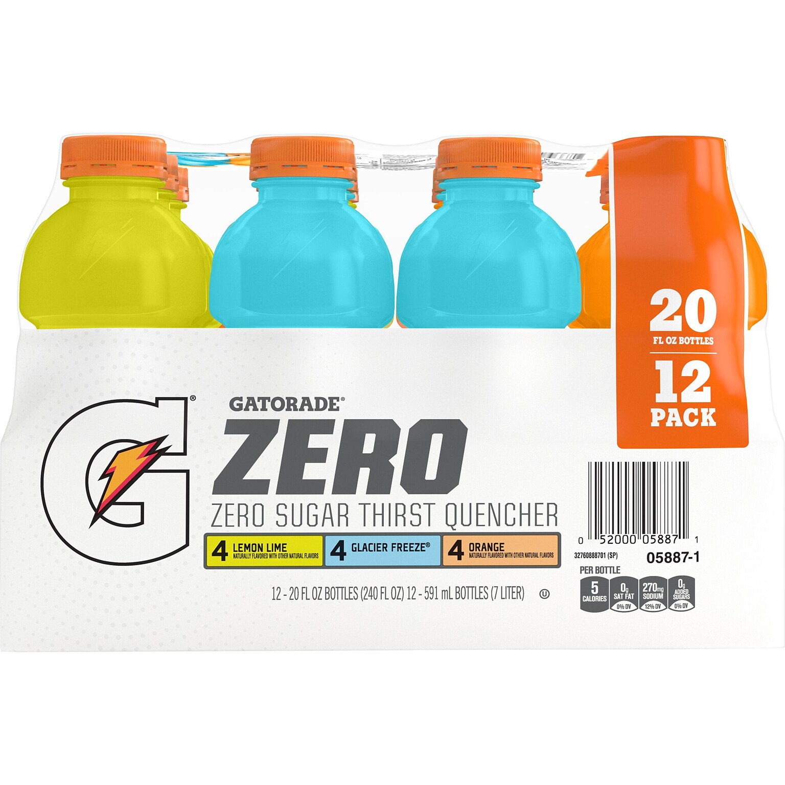 Gatorade Zero Sugar-Free Assorted Flavors Hydration Drink, 20 oz., 12 Bottles/Carton (05887)