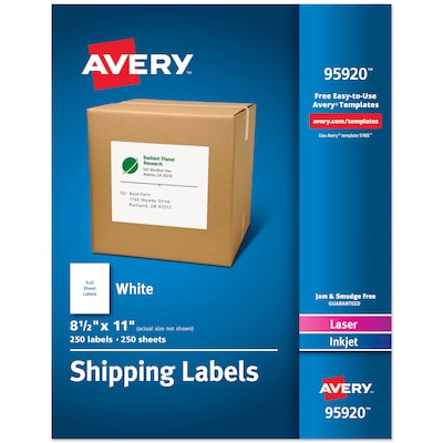 Avery Laser/Inkjet Shipping Labels, 8-1/2 x 11, White, 250 Labels/Box (95920)