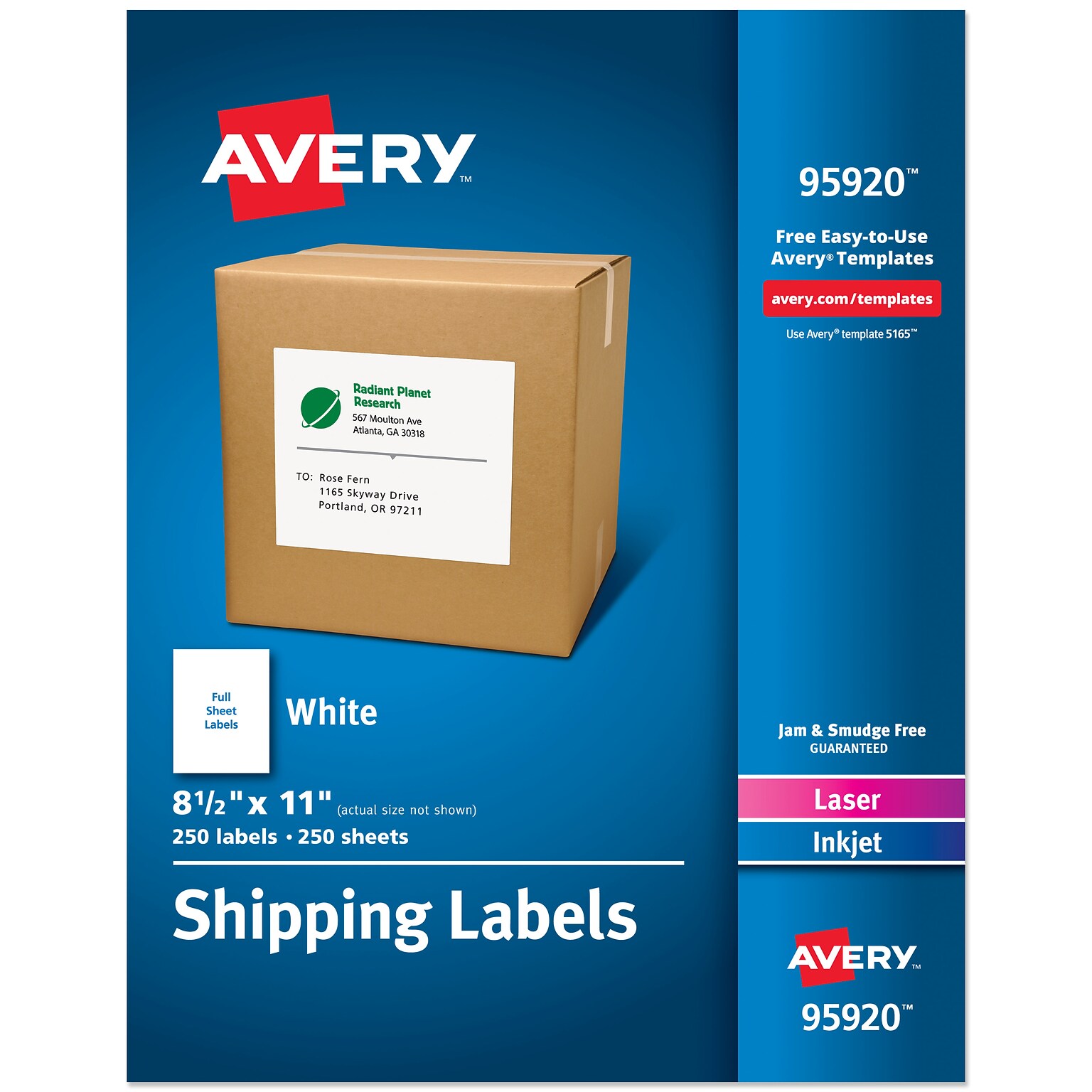 Avery Laser/Inkjet Shipping Labels, 8-1/2 x 11, White, 250 Labels/Box (95920)