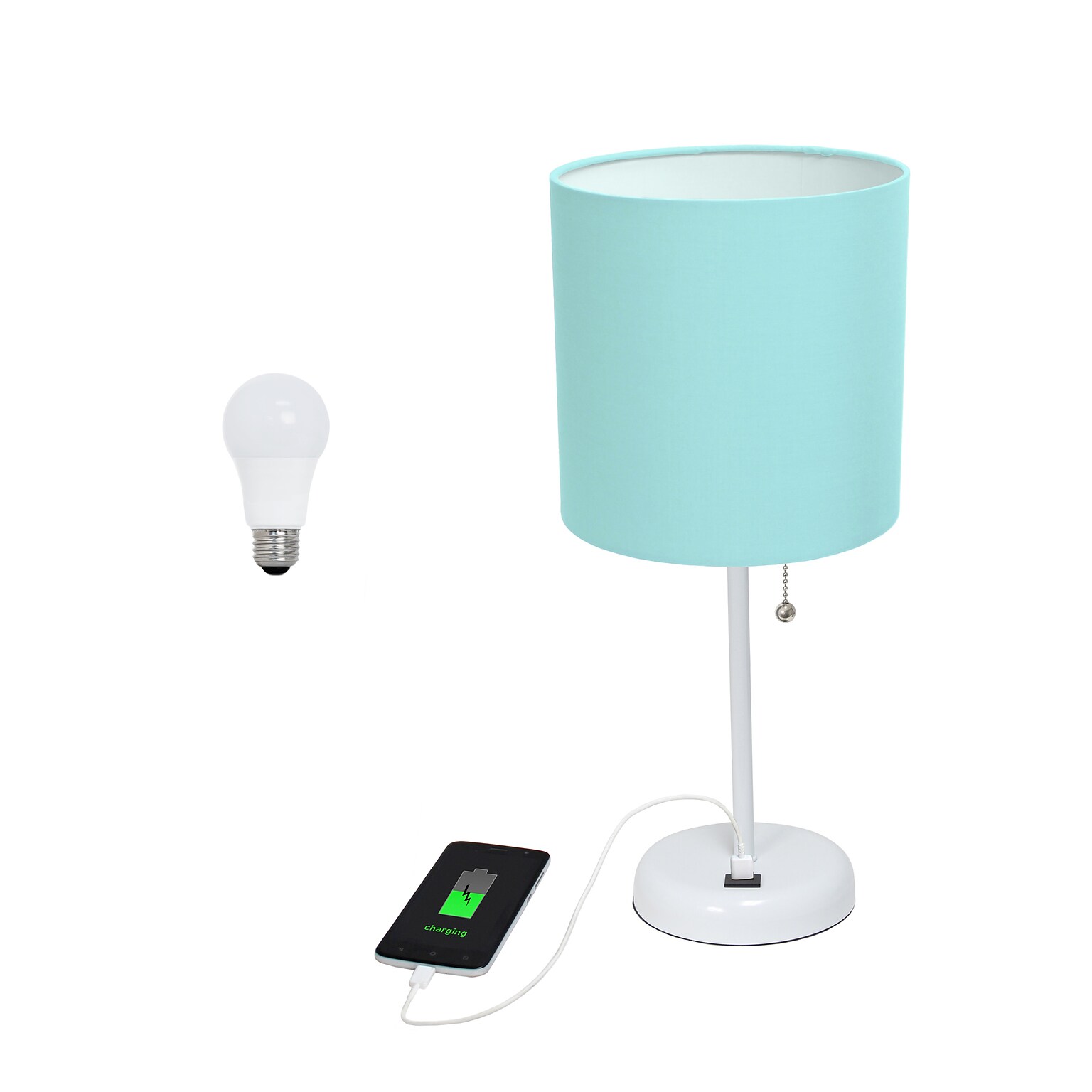 Creekwood Home Oslo 19.5 LED Table Lamp with USB Port, White Base/Aqua Shade (CWT-2011-AW-LB)