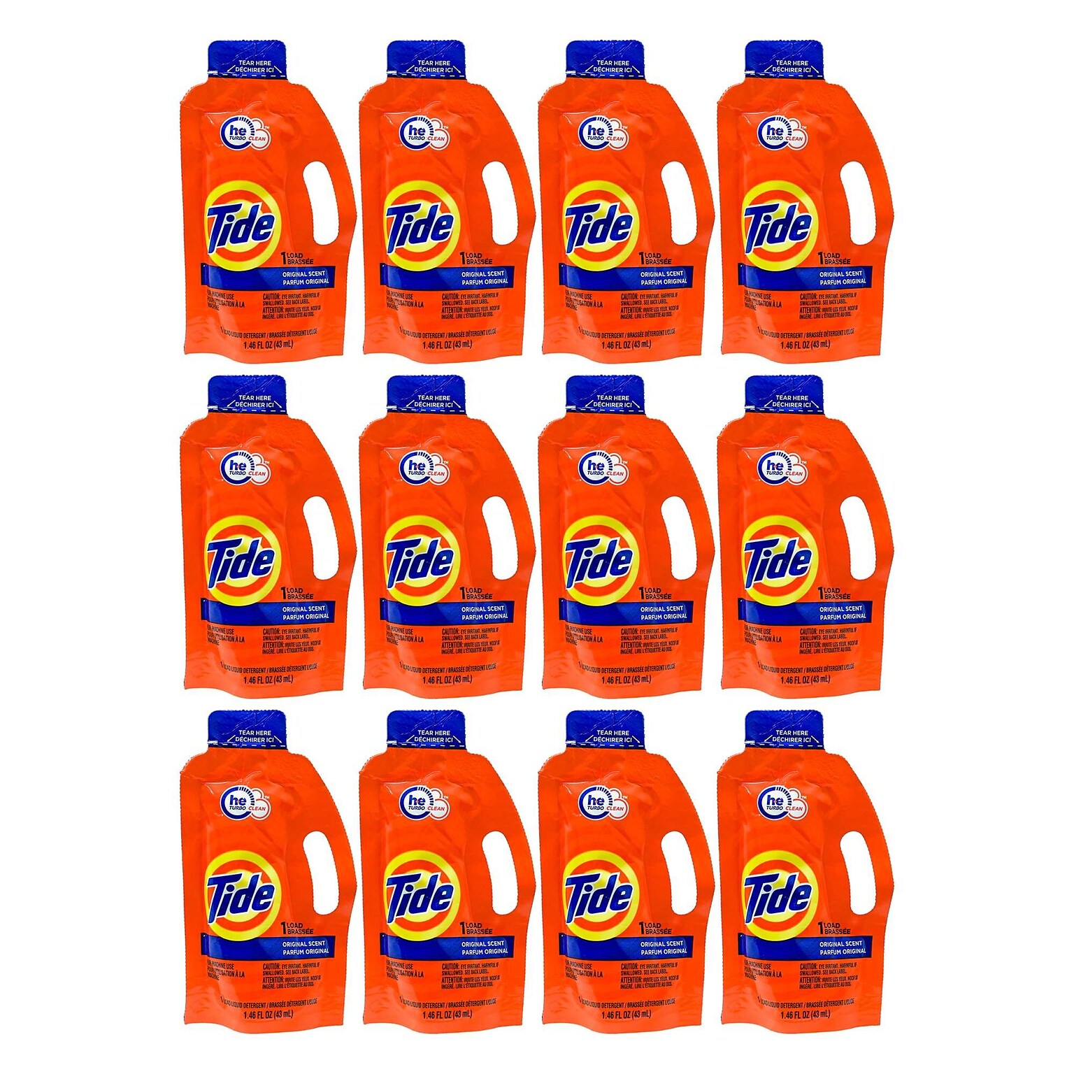 Tide Original Scent Travel Pack Single Load, 12 Single Packs/Bag, 12 Bags/Carton