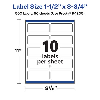 Avery Rectangle Laser/Inkjet Multipurpose Labels, 1.5" x 3.75", White, 500 Labels/Box (94205)