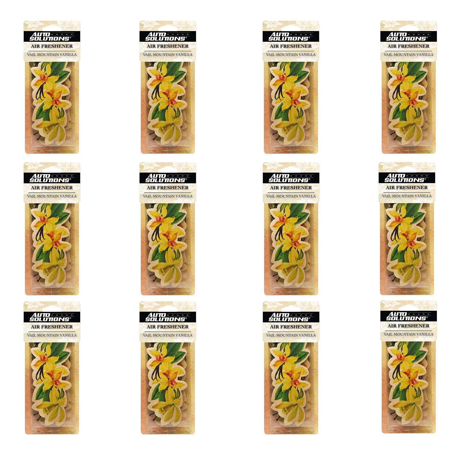 Auto Solutions Vanilla Scented Air Freshener, Yellow, 2 Fresheners/Pack, 12 Packs/Box, 12 Boxes/Carton (14878)