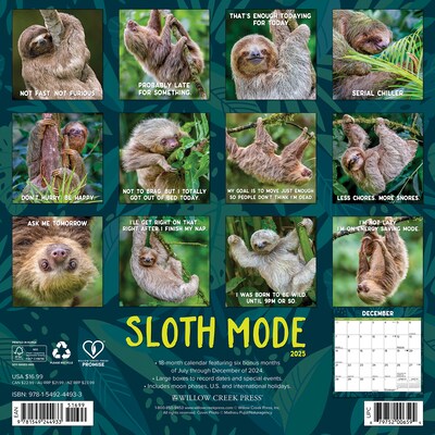 2025 Willow Creek Sloth Mode 12 x 12 Monthly Wall Calendar (44933)