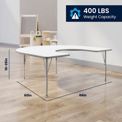 Flash Furniture Wren Horseshoe Activity Table, 66" x 60", Height Adjustable, White Top/Silver Frame (XUA6066HRSEWTP)