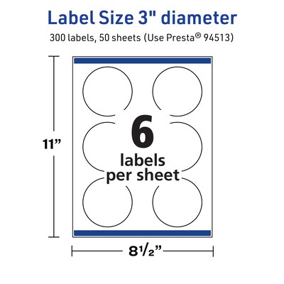 Avery TrueBlock Laser/Inkjet Round Multipurpose Labels, 3" Dia., White, 300 Labels/Box (94513)