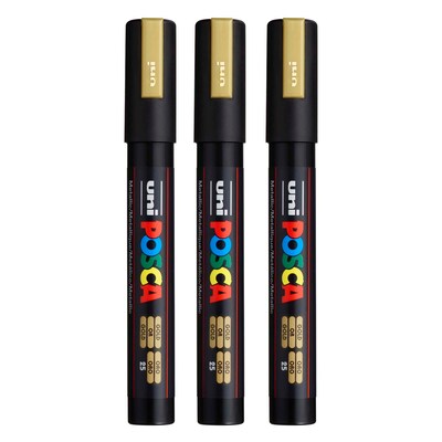 POSCA PC-5M Water Based Paint Marker, Medium Bullet Tip, Gold, 3/Pack (UBCPC5MGOLD-3)
