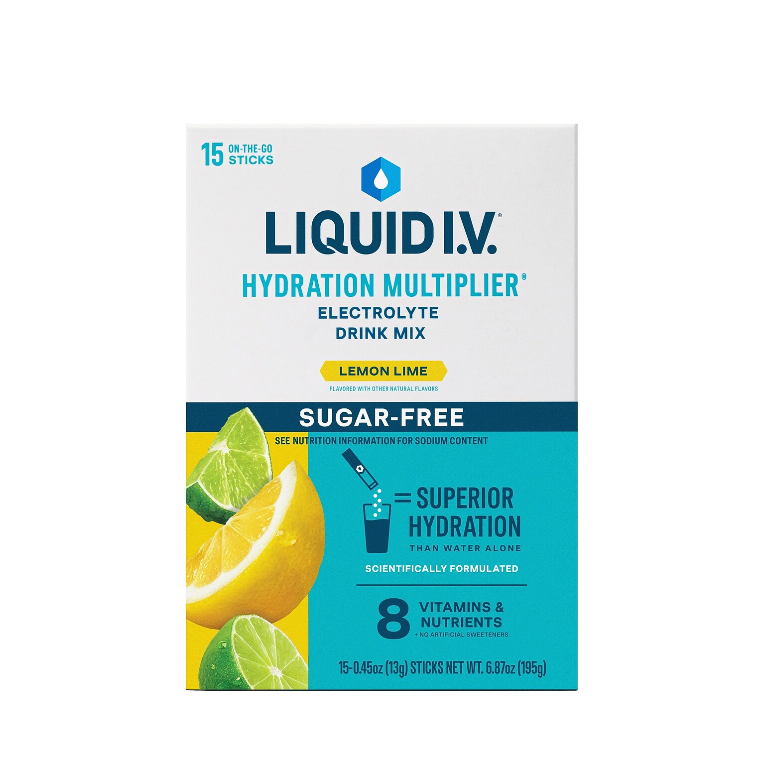 LIQUID I.V. Hydration Multiplier Sugar-Free Lemon Lime Electrolyte Powder Drink Mix, 0.56 oz., 15 Sticks/Box (EHC28672)