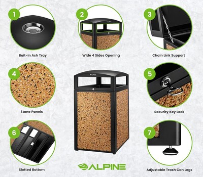 Alpine Industries Steel Outdoor Trash Can with Ashtray Dome Lid, 40 Gallon, Stone (472-40-STO)
