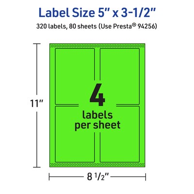 Avery Laser/Inkjet Multipurpose Rectangle Labels, 5" x 3.5", Neon Green, 320/Box (94256)
