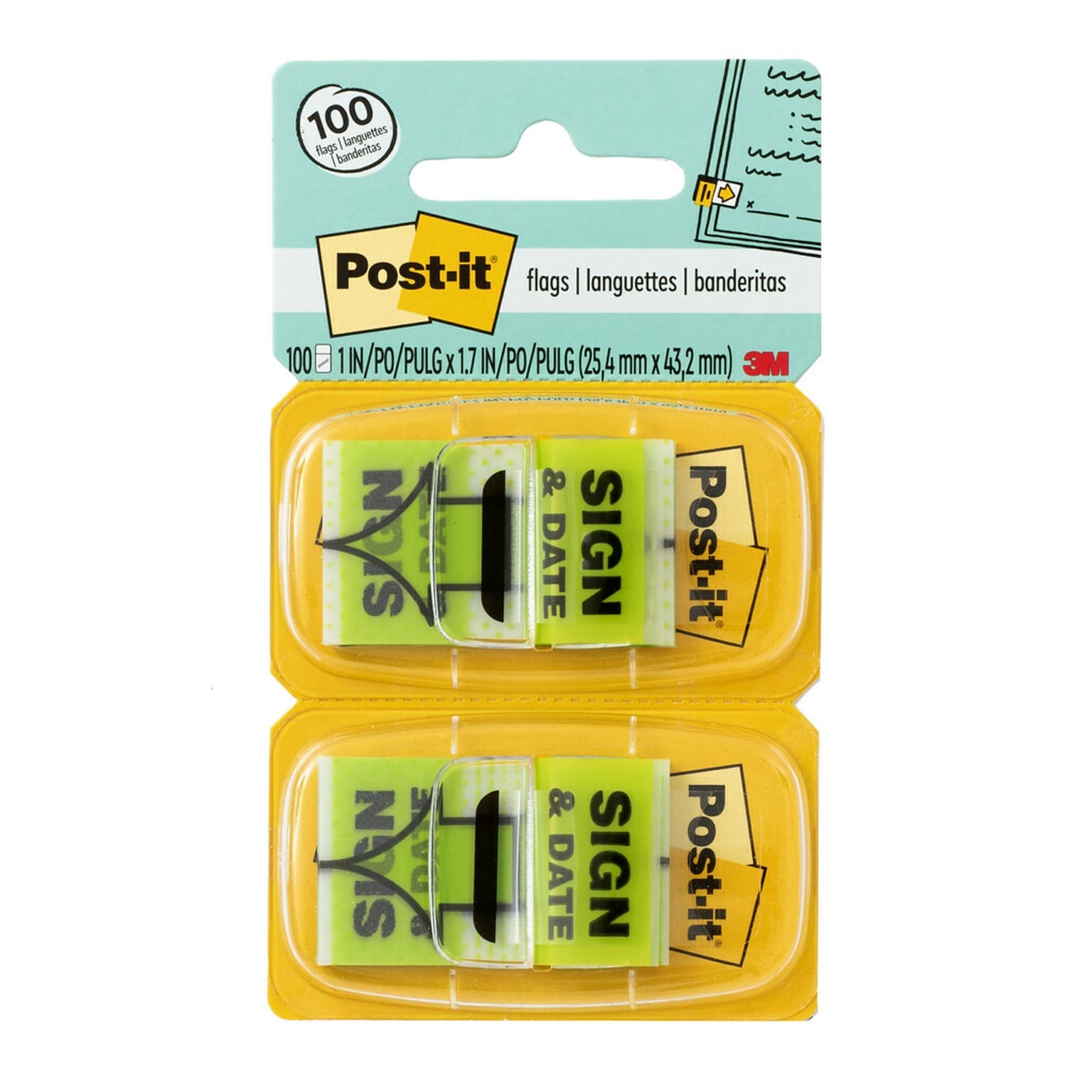 Post-it Sign and Date Message Flags, 1 Wide, Green, 100 Flags/Pack (680-SD2)