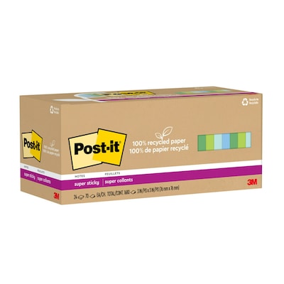 Post-it Recycled Super Sticky Notes, 3 x 3, Oasis Collection, 70 Sheets/Pad, 24 Pads/Pack (654R-24