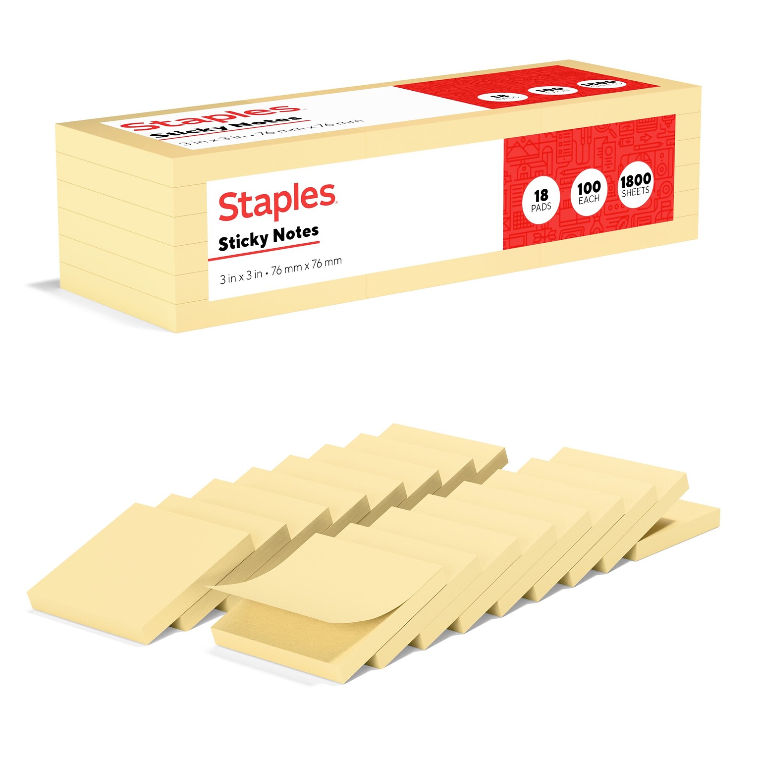 Staples Recycled Sticky Notes, 3 x 3, Sunshine Collection, 100 Sheets/Pad, 18 Pads/Pack (S-33YR18/52569)