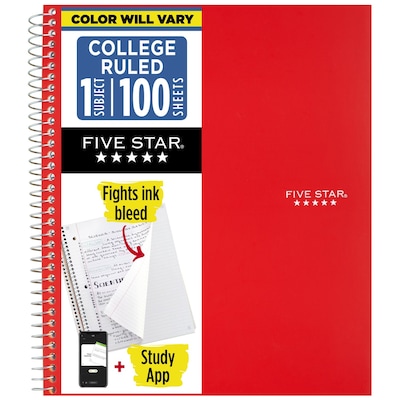 Five Star 1-Subject Composition Notebooks, 8.5 x 11, College Ruled, 100 Sheets, Color Chosen at Random (06206/08076)