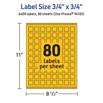 Avery Laser/Inkjet Square Multipurpose Labels, 0.75" x 0.75", Bright Yellow, 6400/Box (94102)
