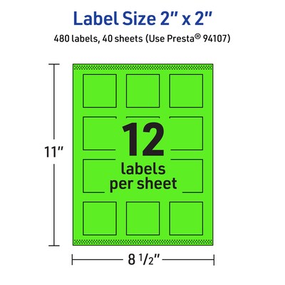 Avery Laser/Inkjet Multipurpose Square Labels, 2" x 2", Neon Green, 480/Pack (94107)