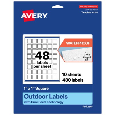 Avery Waterproof Square Laser Multipurpose Labels, 1 x 1, White, 480/Pack (19479399468)