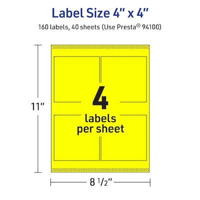 Avery Laser/Inkjet Multipurpose Square Labels, 4" x 4", Neon Yellow, 160/Pack (94100)