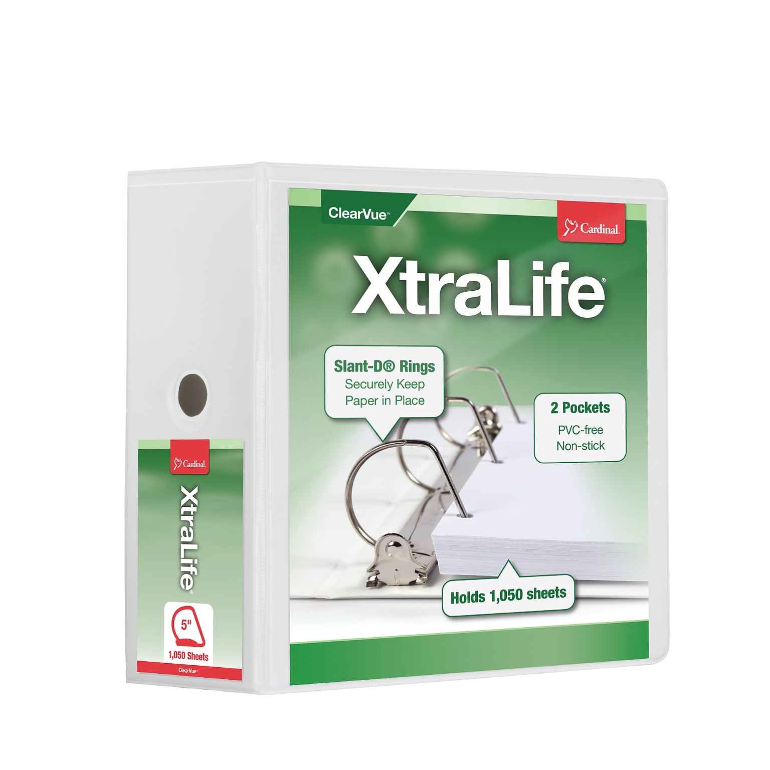 Cardinal XtraLife ClearVue Heavy Duty 5 3-Ring View Binders, D-Ring, White (26350)