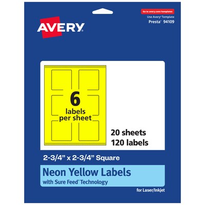 Avery Square Laser/Inkjet Multipurpose Labels, 2.75 x 2.75, Neon Yellow (120/Pack)