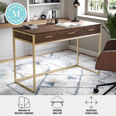 Martha Stewart Ollie 47"W Home Office Desk with 3 Drawers, Walnut/Polished Brass (ZGZP028BRGLD)