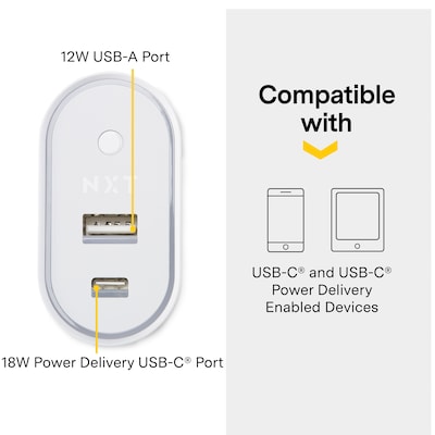 NXT Technologies Universal 2-Port, USB-C and USB-A Phone Charger, White (NX54348)