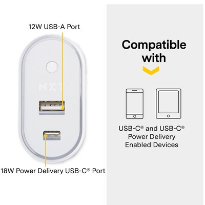 NXT Technologies Universal 2-Port, USB-C and USB-A Phone Charger, White (NX54348)