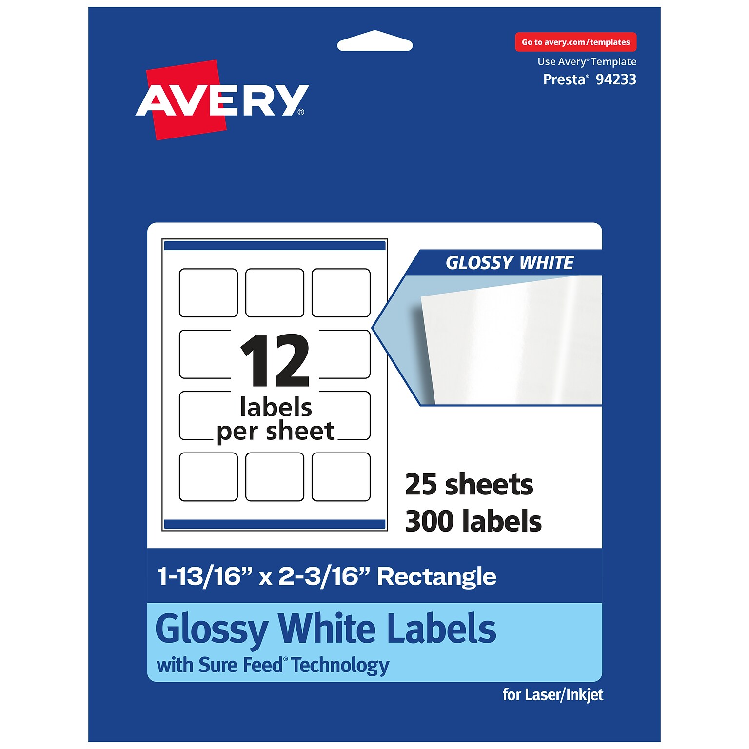 Avery Laser/Inkjet Multipurpose Labels, 2.1875 x , Glossy White, 300/Pack (94233)