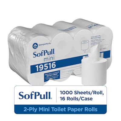 SofPull Mini Center-Pull Toilet Paper, 2-Ply, White, 500 Sheets/Roll, 16 Rolls/Carton (19516)