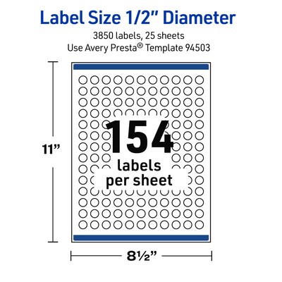 Avery Round Laser Multipurpose Labels, 0.5" Dia., White, 3850/Pack (19479399413)