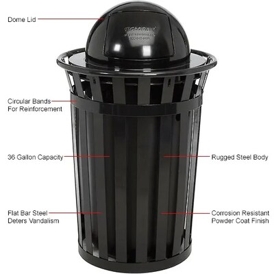 Global Industrial Outdoor Slatted Steel Trash Can w/ Dome Lid, 36 Gallon, Black (261944BK)