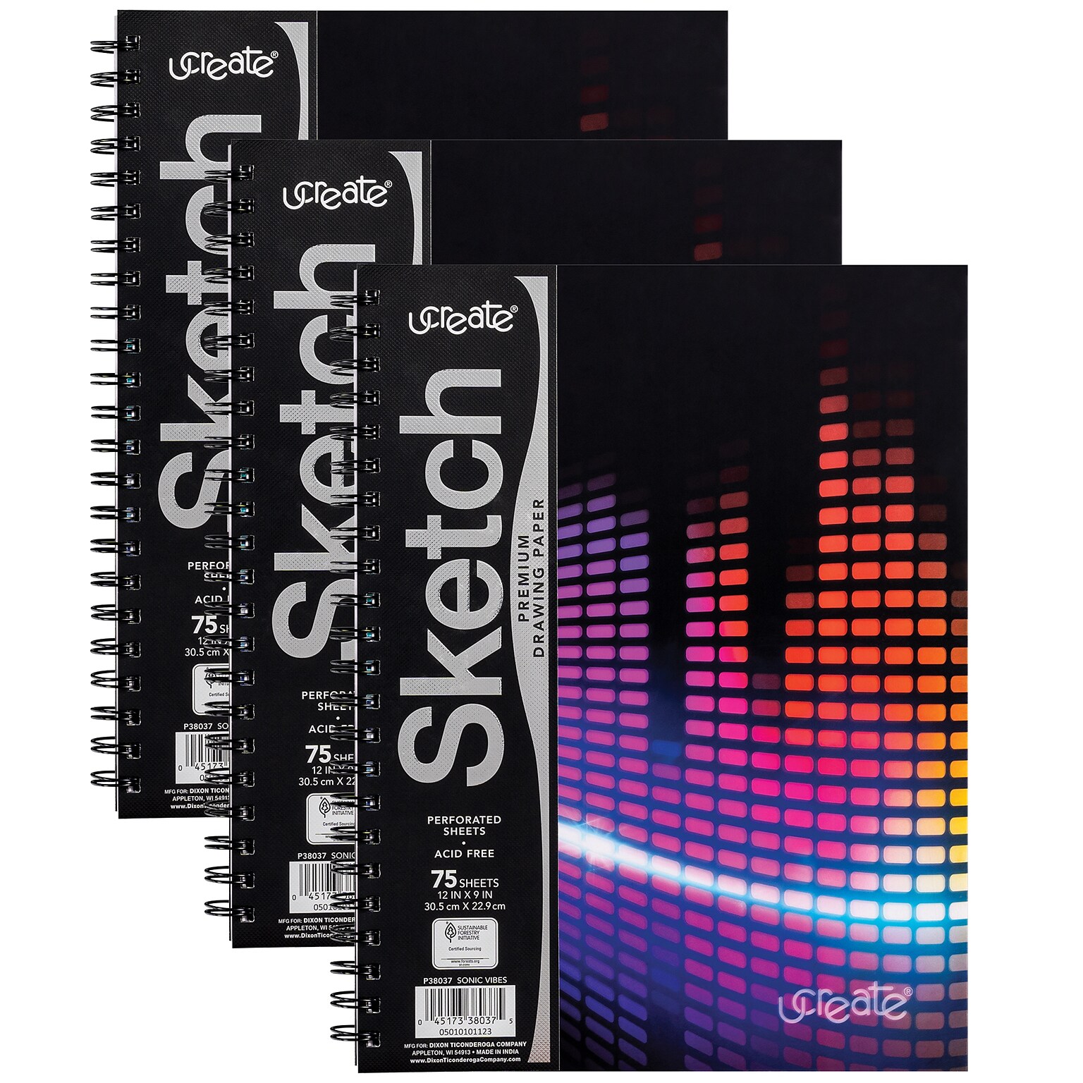 UCreate Sonic Vibes 12 x 9 Sketch Book, Pack of 3 (PAC38037-3)