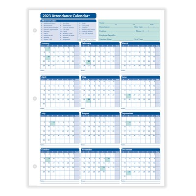 ComplyRight 2023 Attendance Calendar Card, White, Pack of 25 (A4000W25)