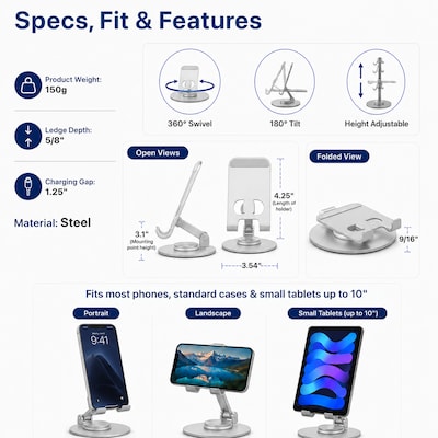 Uncaged Ergonomics 360° Swivel Adjustable Cell Phone Desktop Stand, Silver (SPS-Silver)