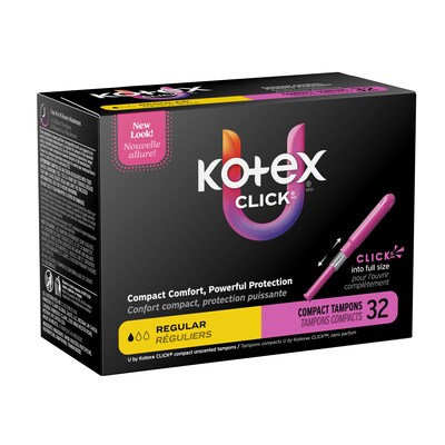 U by Kotex Click Regular Absorbency Compact Tampon, Plastic Applicator, Unscented, 32/Pack (51583)