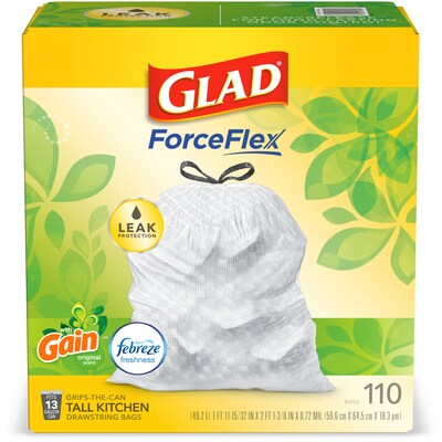Glad ForceFlex Tall 13 Gallon Kitchen Drawstring White Trash Bags, 110/Box (79098)