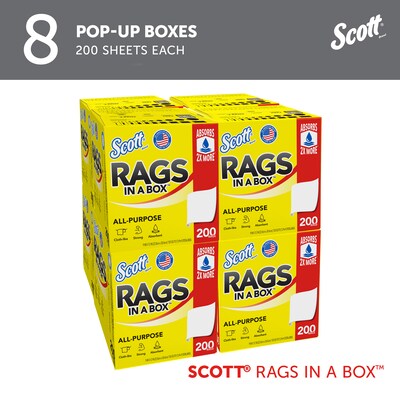 Scott Rags In a Box Fabric Wipers, White, 200 Wipers/Box, 8 Boxes/Carton (75260)