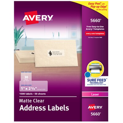 Avery Easy Peel Laser Address Labels, 1 x 2-5/8, Clear, 1,500 Labels/Box (5660)
