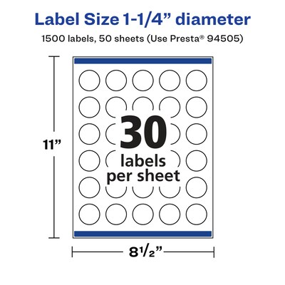 Avery Laser/Inkjet Round Multipurpose Labels, 1.25" Dia., White, 1,500 Labels/Box (94505)