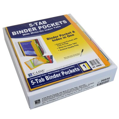 C-Line Poly Binder Pockets With Write-On Index Tabs, 3-Hole Punched, 5 Tabs, Assorted, 5/Pack (CLI06650)