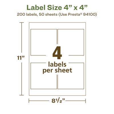 Avery EcoFriendly Laser/Inkjet Square Multipurpose Labels, 4" x 4", White, 200/Box (94100)