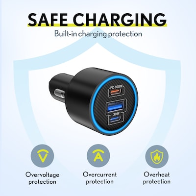 Overtime A60 130W 3-Port USB-C and USB-A Car Phone Charger, Black (OCA60BK)