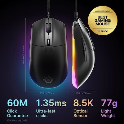 SteelSeries Rival 3 Gen 2 Ergonomic Optical USB Gaming Mouse, Black (62702)