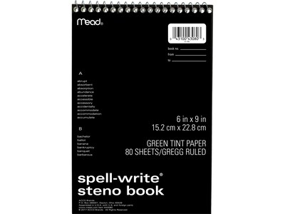 Mead Spell-Write Steno Pad, 6" x 9", Gregg-Ruled, Assorted Colors, 80 Sheets/Pad (43080)