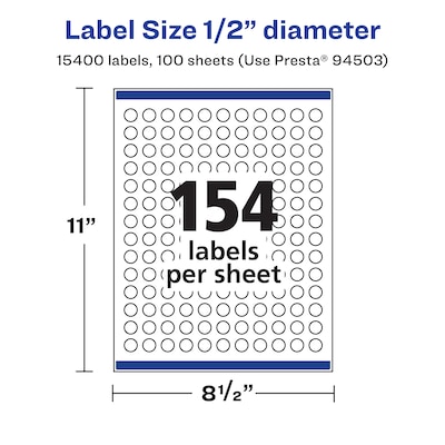 Avery Laser/Inkjet Circle  Waterproof Multipurpose Labels, 0.5"  Dia, White, 15400/Box (94503)