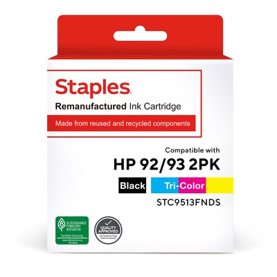 Staples Remanufactured Black/Tri-Color Standard Yield Ink Cartridge Replacement for HP 92/93 (TRC9513FNDS/STC9513FNDS), 2/Pack