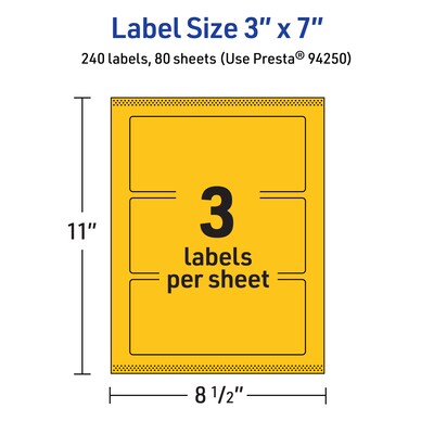 Avery Laser/Inkjet Rectangle Multipurpose Labels, 3" x 7", Bright Yellow, 240/Box (94250)