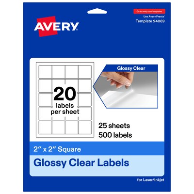 Avery Square Laser/Inkjet Multipurpose Labels, 2 x 2, Clear, 20 Labels/Sheet, 25 Sheets/Pack (19479311176)